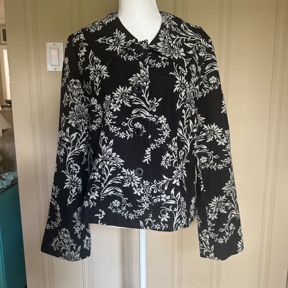 Pendleton 100% Virgin Wool Blazer Jacket Short Black White Floral sz 14 - Picture 2 of 12